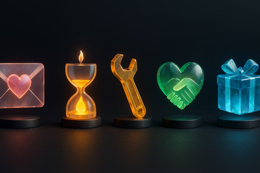 3d translucent icons representing the five love languages • How To Love: Mastering Love Languages in Relationships • Improve My Skills