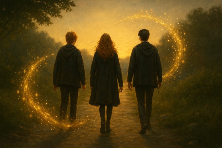 harry-hermione-ron-magical-path-gold-sparks-landscape harry hermione ron magical path gold sparks landscape • How J.K. Rowling Overcame Depression and Became the First Billionaire Female Author • Escape My Identity Crisis