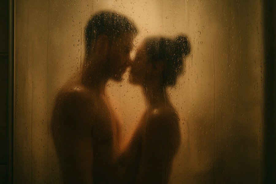 A fogged-up glass shower door covered in water droplets, with the blurred silhouettes of a couple standing closely behind it, faces nearly touching, softly lit in a warm, intimate glow.