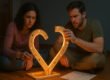 A couple sitting on the floor, assembling a glowing heart from IKEA-like parts, with a “How to Love” manual beside them, symbolizing miscommunication in relationships and the need to understand love languages.