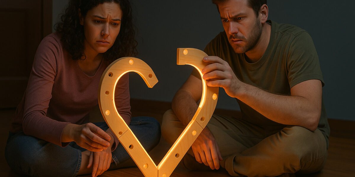 A couple sitting on the floor, assembling a glowing heart from IKEA-like parts, with a “How to Love” manual beside them, symbolizing miscommunication in relationships and the need to understand love languages.