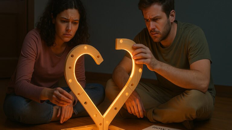 A couple sitting on the floor, assembling a glowing heart from IKEA-like parts, with a “How to Love” manual beside them, symbolizing miscommunication in relationships and the need to understand love languages.