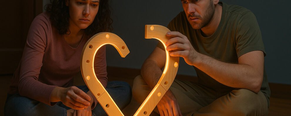 A couple sitting on the floor, assembling a glowing heart from IKEA-like parts, with a “How to Love” manual beside them, symbolizing miscommunication in relationships and the need to understand love languages.