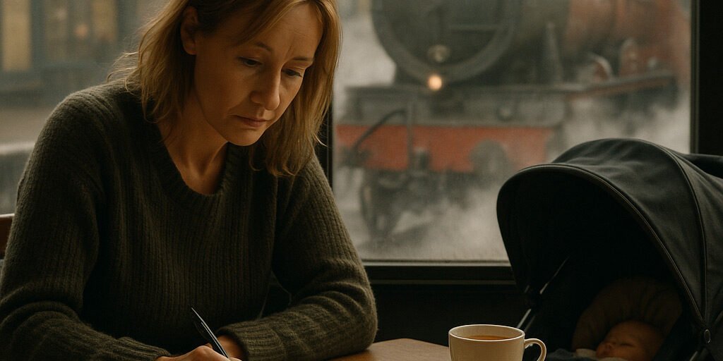 JK Rowling, a single mother sits at a café table, writing in a notebook with a focused expression. A stroller with a sleeping baby is beside her, and through the foggy window behind them, a red steam locomotive resembling the Hogwarts Express arrives at the station, surrounded by clouds of steam.