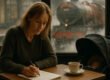 JK Rowling, a single mother sits at a café table, writing in a notebook with a focused expression. A stroller with a sleeping baby is beside her, and through the foggy window behind them, a red steam locomotive resembling the Hogwarts Express arrives at the station, surrounded by clouds of steam.