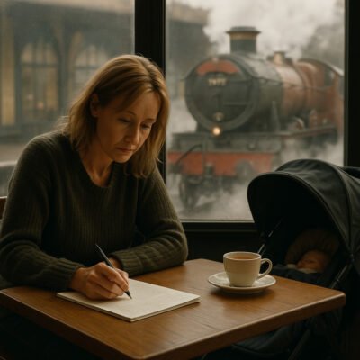 JK Rowling, a single mother sits at a café table, writing in a notebook with a focused expression. A stroller with a sleeping baby is beside her, and through the foggy window behind them, a red steam locomotive resembling the Hogwarts Express arrives at the station, surrounded by clouds of steam.