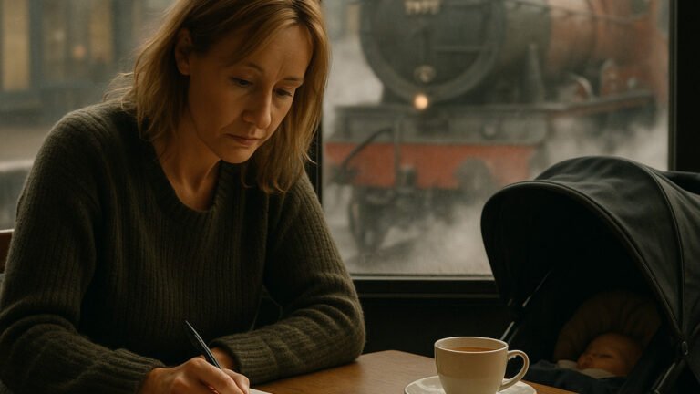JK Rowling, a single mother sits at a café table, writing in a notebook with a focused expression. A stroller with a sleeping baby is beside her, and through the foggy window behind them, a red steam locomotive resembling the Hogwarts Express arrives at the station, surrounded by clouds of steam.