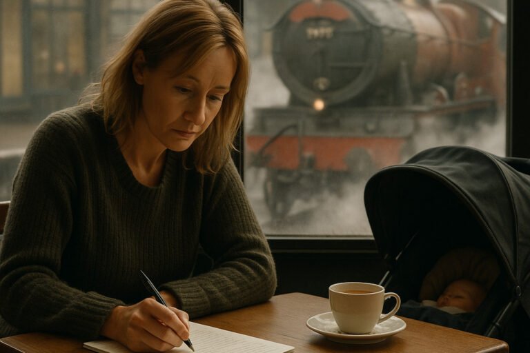 JK Rowling, a single mother sits at a café table, writing in a notebook with a focused expression. A stroller with a sleeping baby is beside her, and through the foggy window behind them, a red steam locomotive resembling the Hogwarts Express arrives at the station, surrounded by clouds of steam.