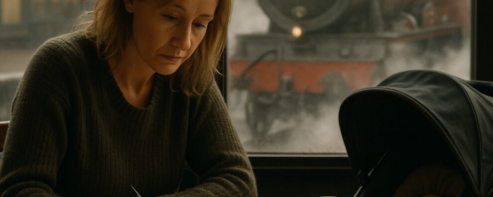 JK Rowling, a single mother sits at a café table, writing in a notebook with a focused expression. A stroller with a sleeping baby is beside her, and through the foggy window behind them, a red steam locomotive resembling the Hogwarts Express arrives at the station, surrounded by clouds of steam.