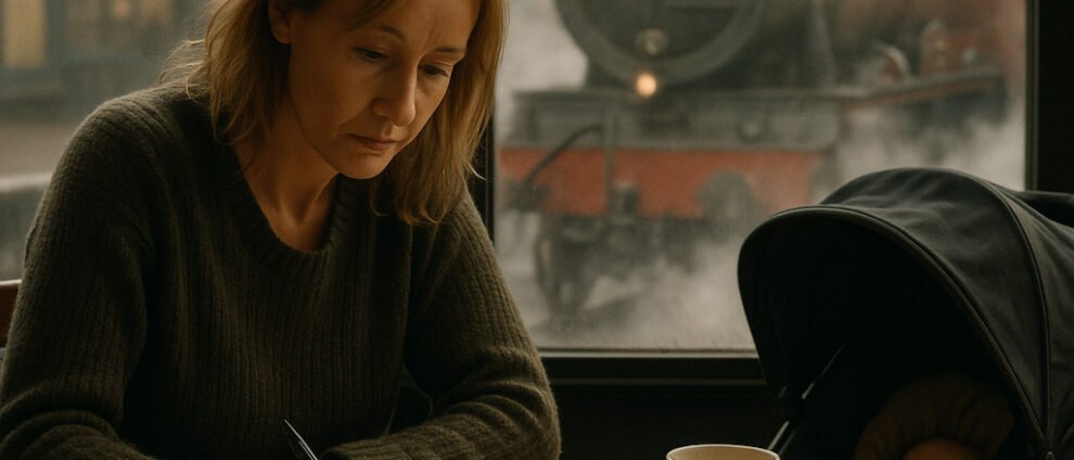 JK Rowling, a single mother sits at a café table, writing in a notebook with a focused expression. A stroller with a sleeping baby is beside her, and through the foggy window behind them, a red steam locomotive resembling the Hogwarts Express arrives at the station, surrounded by clouds of steam.
