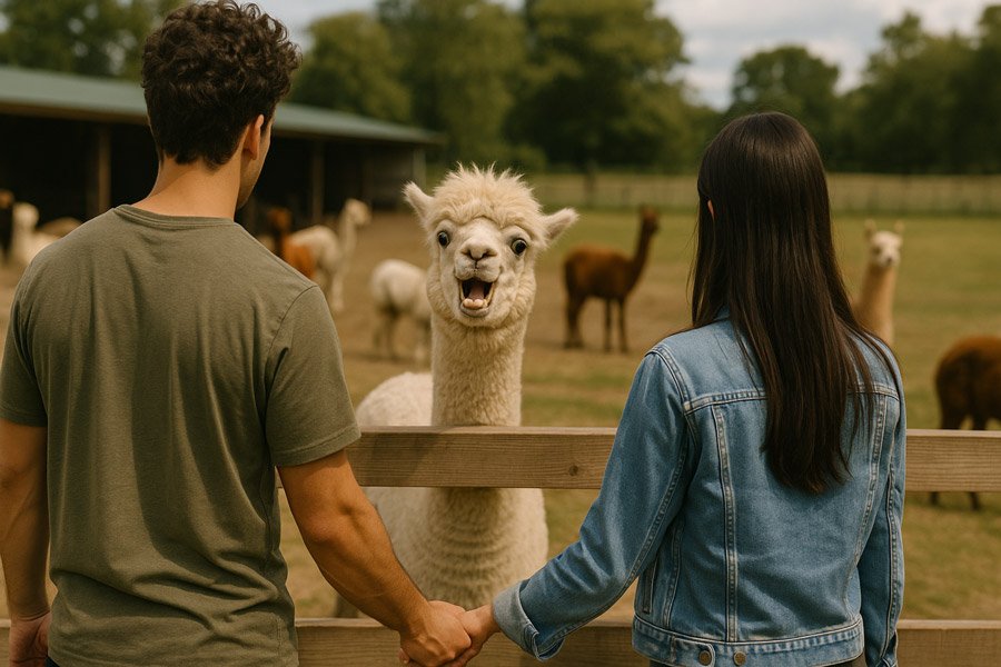 A ridiculously funny alpaca with a goofy wide-eyed grin stares directly at the camera while an adorable couple holds hands, backs turned, enjoying their day at an alpaca petting zoo